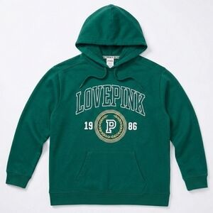 PINK Victoria’s Secret Green Love 1986 Varsity Pullover Hoodie Y2K Retro Medium